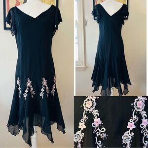 LVintage SL Fashions Black Floral Embroidered Midi Cocktail Dress